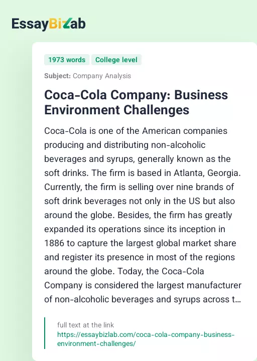 Coca-Cola Company: Business Environment Challenges - Essay Preview
