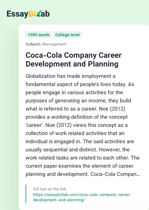 Coca-Cola Company Career Development and Planning - Essay Preview