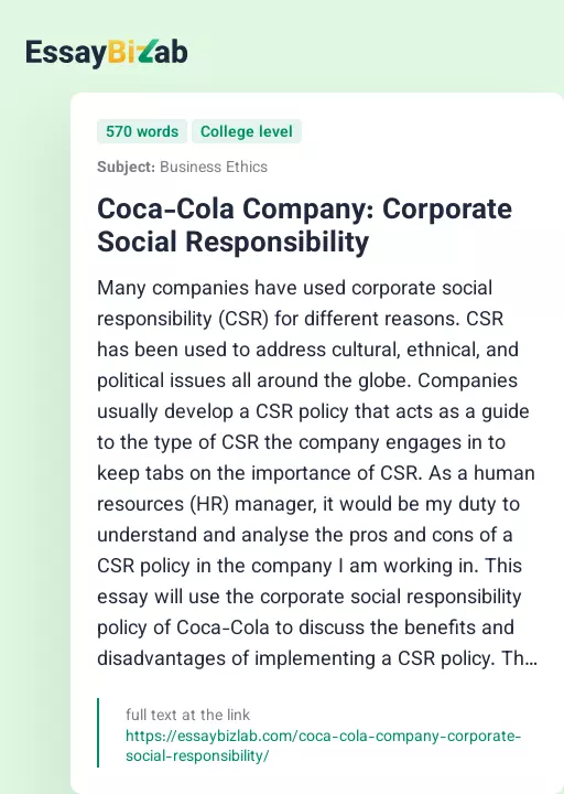 Coca-Cola Company: Corporate Social Responsibility - Essay Preview