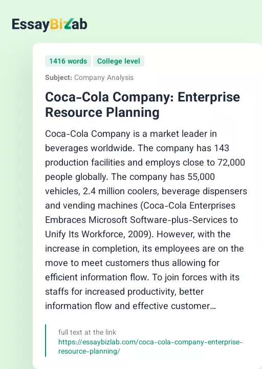 Coca-Cola Company: Enterprise Resource Planning - Essay Preview