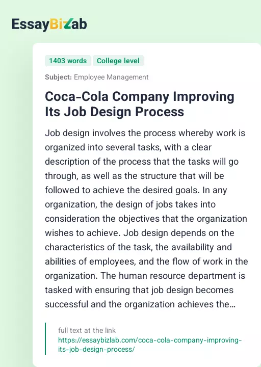 Coca-Cola Company Improving Its Job Design Process - Essay Preview