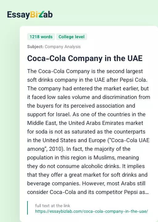 Coca-Cola Company in the UAE - Essay Preview