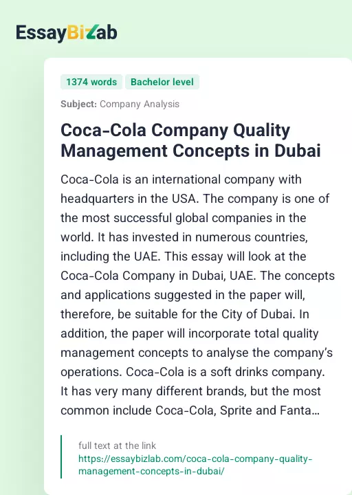 Coca-Cola Company Quality Management Concepts in Dubai - Essay Preview