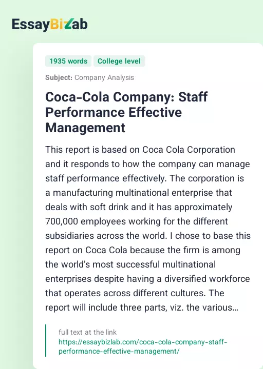 Coca-Cola Company: Staff Performance Effective Management - Essay Preview