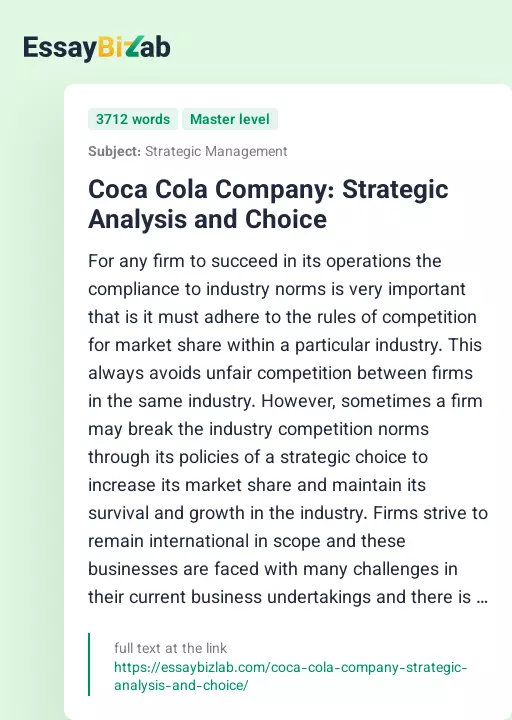 Coca Cola Company: Strategic Analysis and Choice - Essay Preview