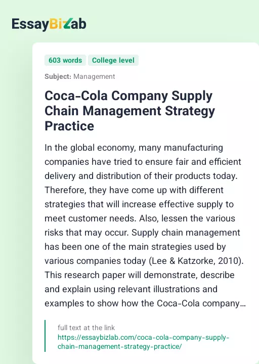 Coca-Cola Company Supply Chain Management Strategy Practice - Essay Preview