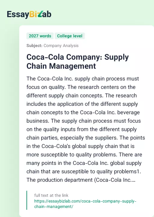 Coca-Cola Company: Supply Chain Management - Essay Preview