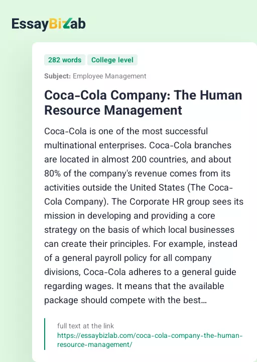 Coca-Cola Company: The Human Resource Management - Essay Preview