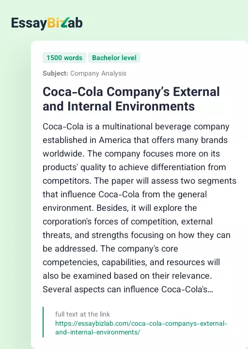 Coca-Cola Company’s External and Internal Environments - Essay Preview