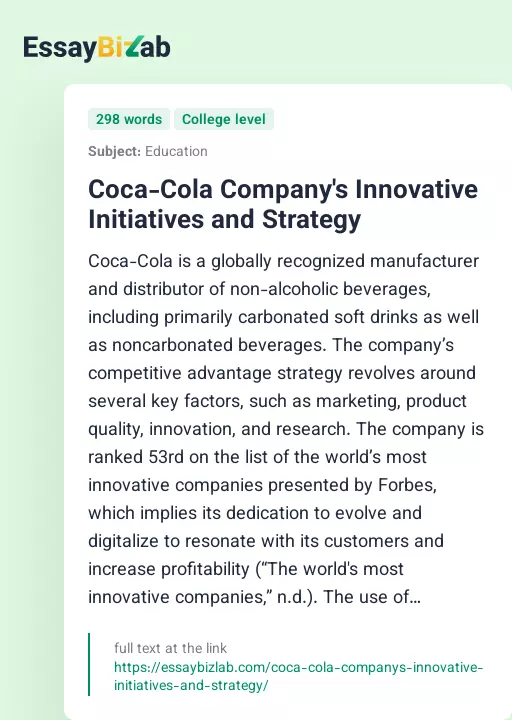 Coca-Cola Company's Innovative Initiatives and Strategy - Essay Preview