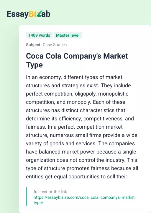 Coca Cola Company's Market Type - Essay Preview