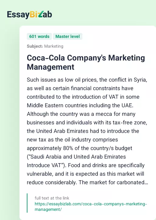 Coca-Cola Company's Marketing Management - Essay Preview