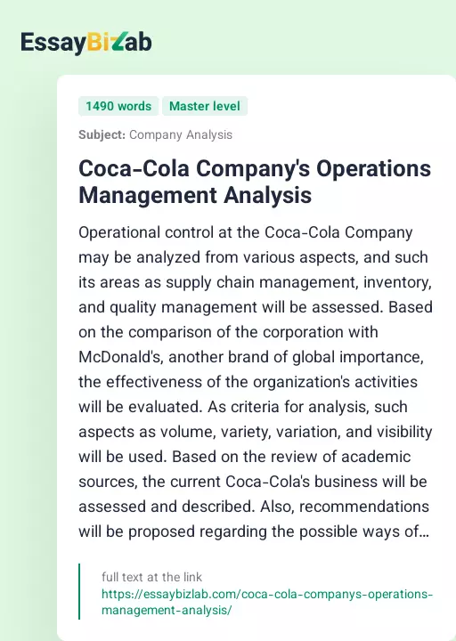 Coca-Cola Company's Operations Management Analysis - Essay Preview