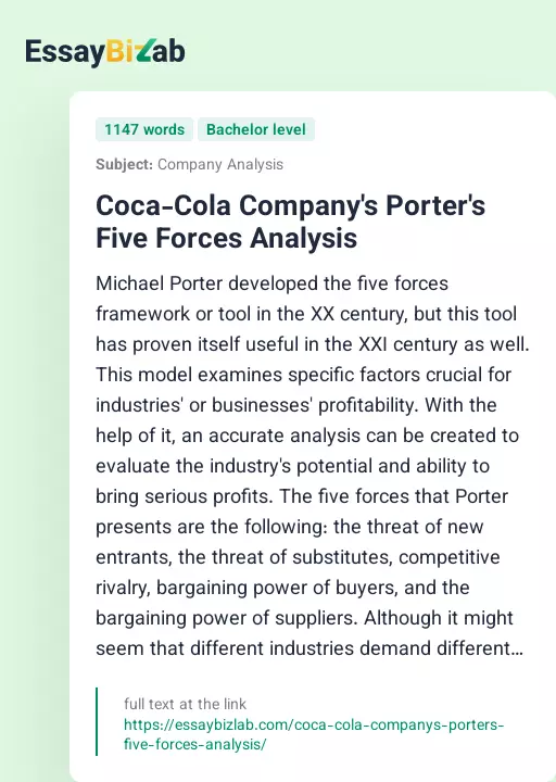 Coca-Cola Company's Porter's Five Forces Analysis - Essay Preview