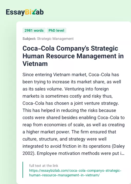 Coca-Cola Company's Strategic Human Resource Management in Vietnam - Essay Preview