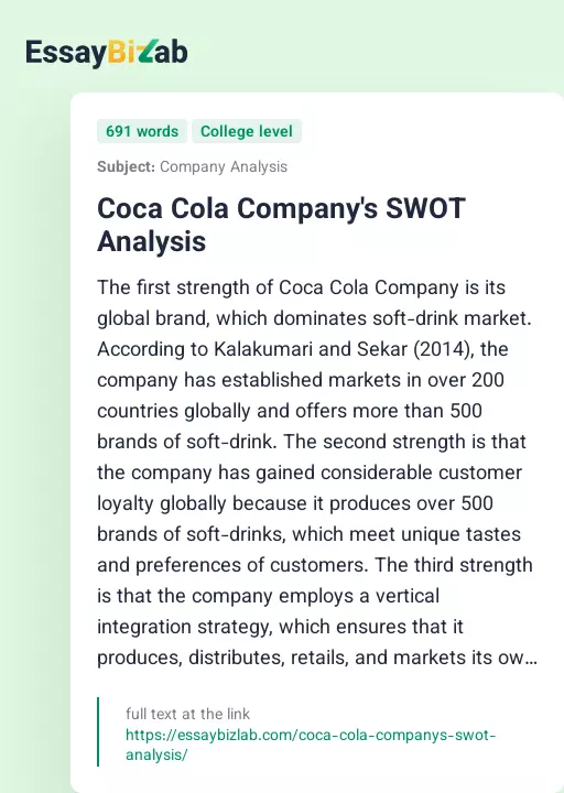 Coca Cola Company's SWOT Analysis - Essay Preview