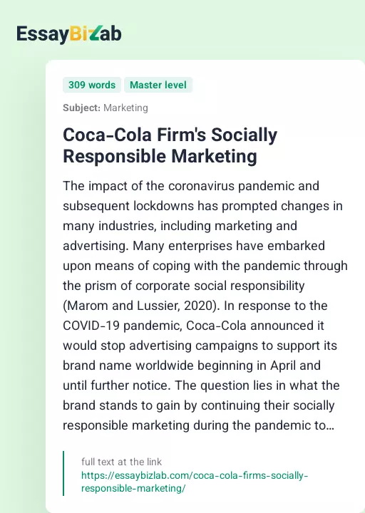 Coca-Cola Firm's Socially Responsible Marketing - Essay Preview