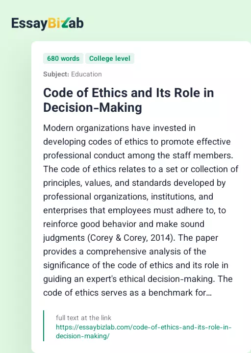 Code of Ethics and Its Role in Decision-Making - Essay Preview