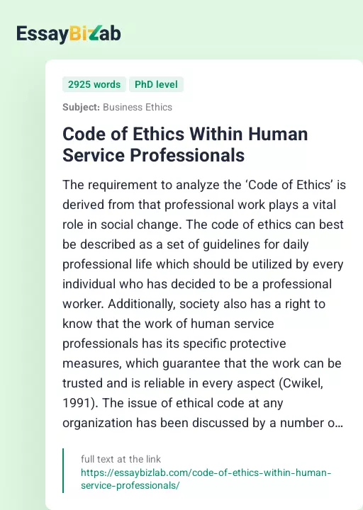 Code of Ethics Within Human Service Professionals - Essay Preview