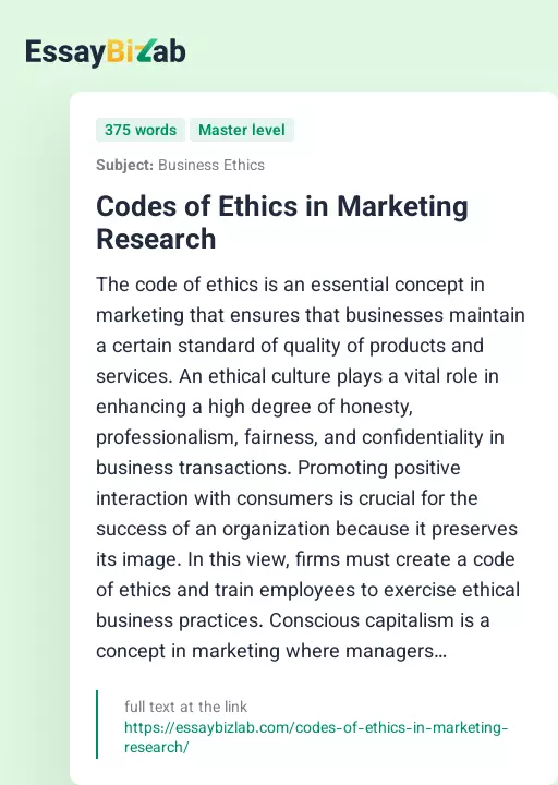 Codes of Ethics in Marketing Research - Essay Preview