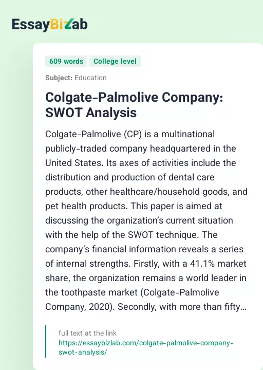 Colgate-Palmolive Company: SWOT Analysis - Essay Preview