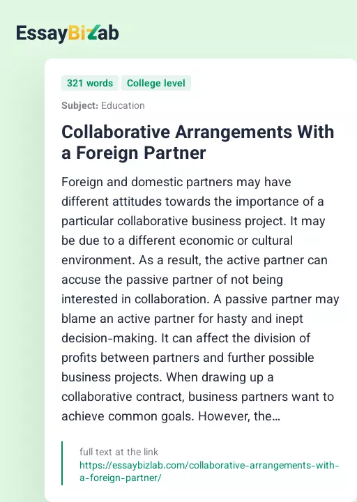 Collaborative Arrangements With a Foreign Partner - Essay Preview