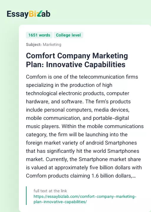 Comfort Company Marketing Plan: Innovative Capabilities - Essay Preview