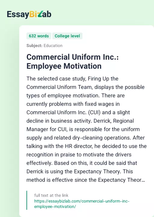 Commercial Uniform Inc.: Employee Motivation - Essay Preview