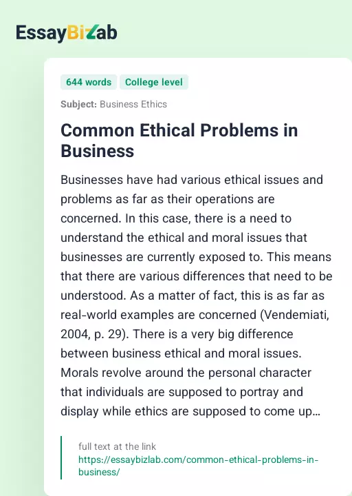 Common Ethical Problems in Business - Essay Preview