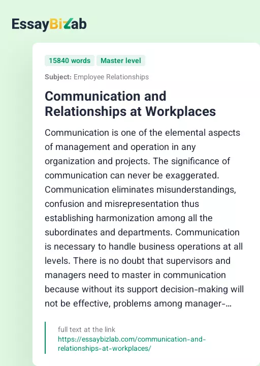 Communication and Relationships at Workplaces - Essay Preview