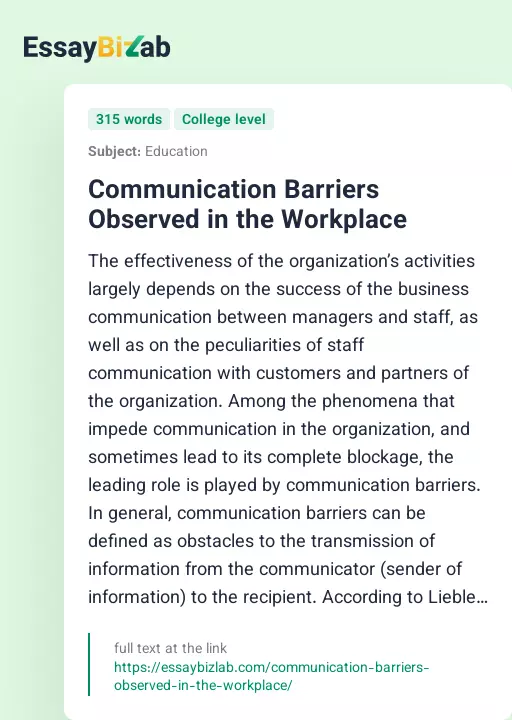 Communication Barriers Observed in the Workplace - Essay Preview