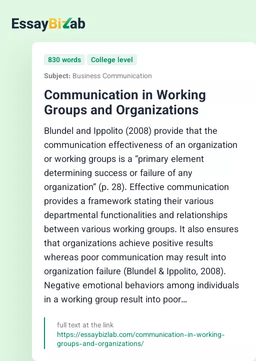 Communication in Working Groups and Organizations - Essay Preview