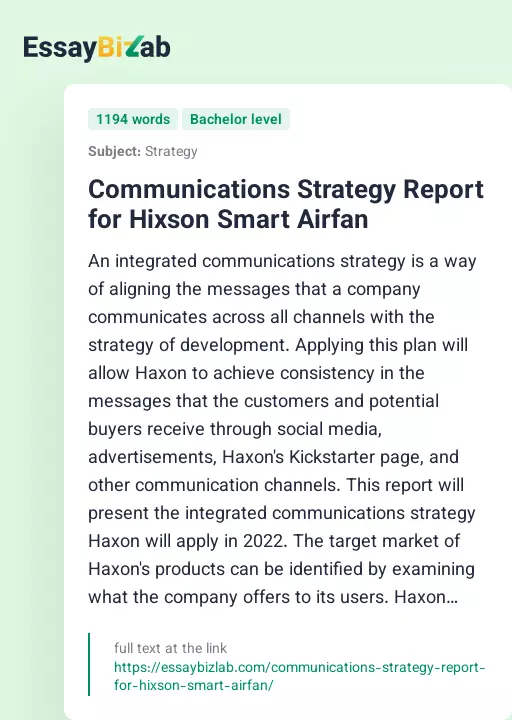 Communications Strategy Report for Hixson Smart Airfan - Essay Preview