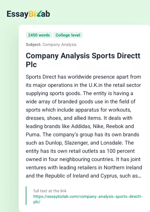 Company Analysis Sports Directt Plc - Essay Preview