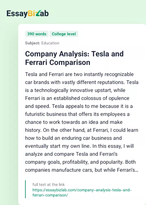 Company Analysis: Tesla and Ferrari Comparison - Essay Preview