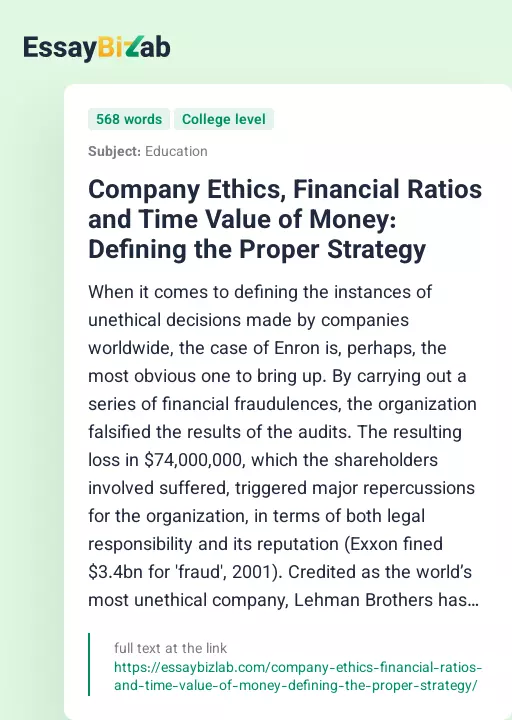 Company Ethics, Financial Ratios and Time Value of Money: Defining the Proper Strategy - Essay Preview