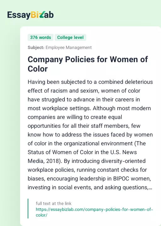 Company Policies for Women of Color - Essay Preview