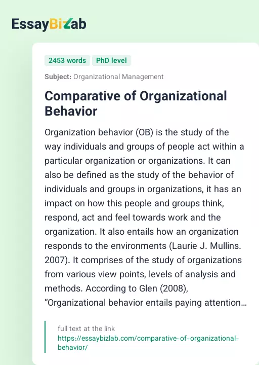 Comparative of Organizational Behavior - Essay Preview