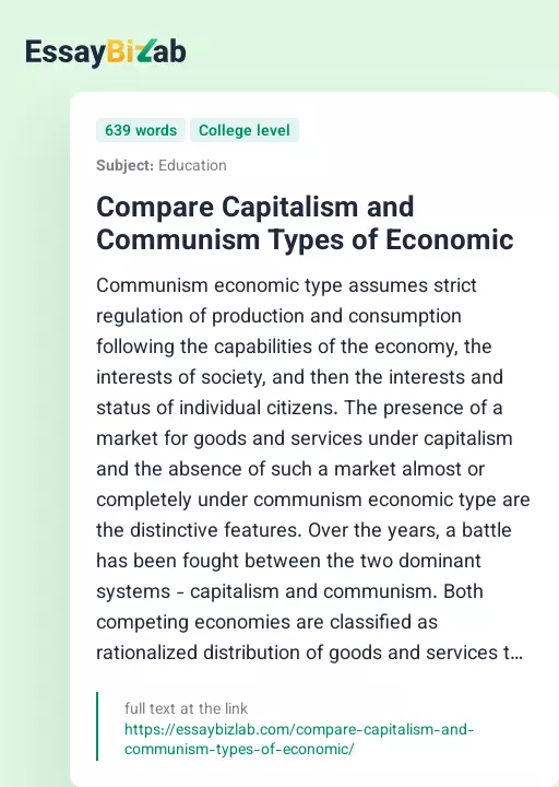 Compare Capitalism and Communism Types of Economic - Essay Preview