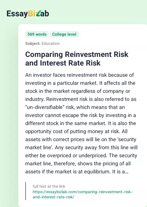Comparing Reinvestment Risk and Interest Rate Risk - Essay Preview