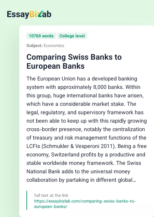 Comparing Swiss Banks to European Banks - Essay Preview