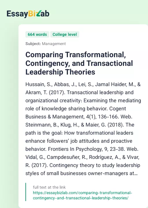 Comparing Transformational, Contingency, and Transactional Leadership Theories - Essay Preview