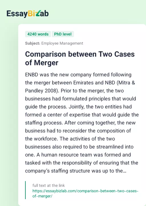 Comparison between Two Cases of Merger - Essay Preview