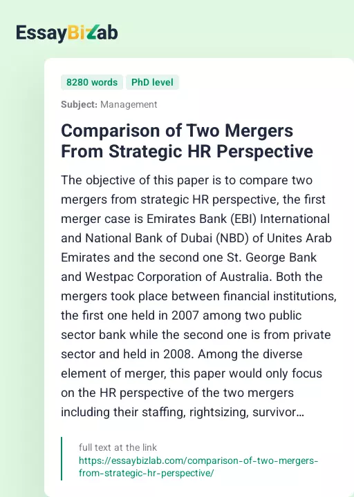 Comparison of Two Mergers From Strategic HR Perspective - Essay Preview