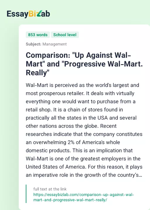 Comparison: "Up Against Wal-Mart" and "Progressive Wal-Mart. Really" - Essay Preview