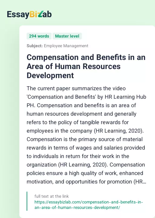 Compensation and Benefits in an Area of Human Resources Development - Essay Preview