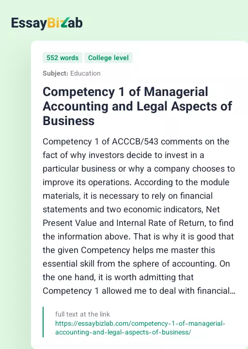 Competency 1 of Managerial Accounting and Legal Aspects of Business - Essay Preview