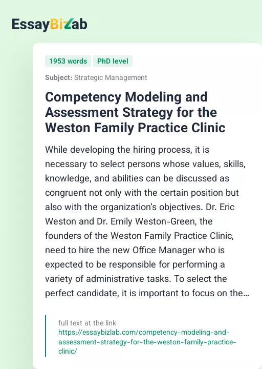Competency Modeling and Assessment Strategy for the Weston Family Practice Clinic - Essay Preview