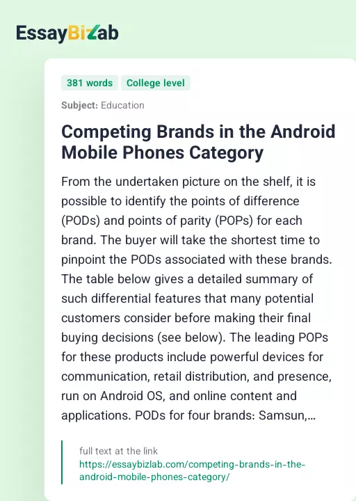 Competing Brands in the Android Mobile Phones Category - Essay Preview