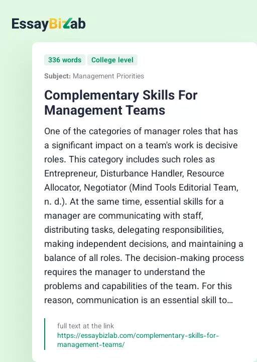 Complementary Skills For Management Teams - Essay Preview